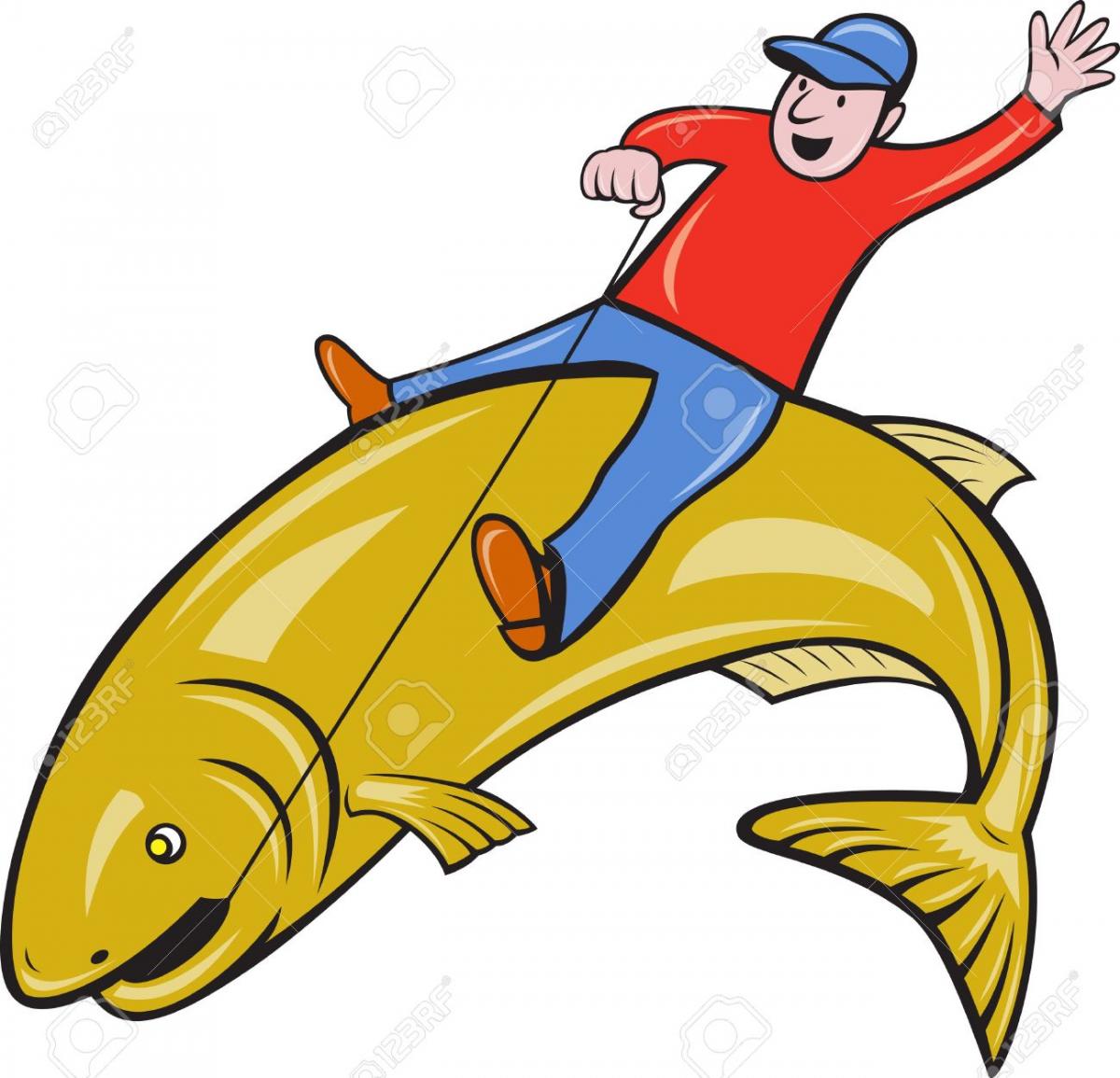 12107293 illustration of a fly fisherman riding a jumping trout fish done  Stock Photo